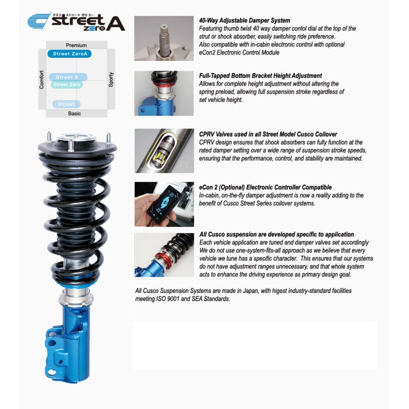 Cusco 2023+ Toyota GR Corolla (GZEA14H) Street Zero-A 40-Way Adj Coilover Kit w/o Rear Upper Mount