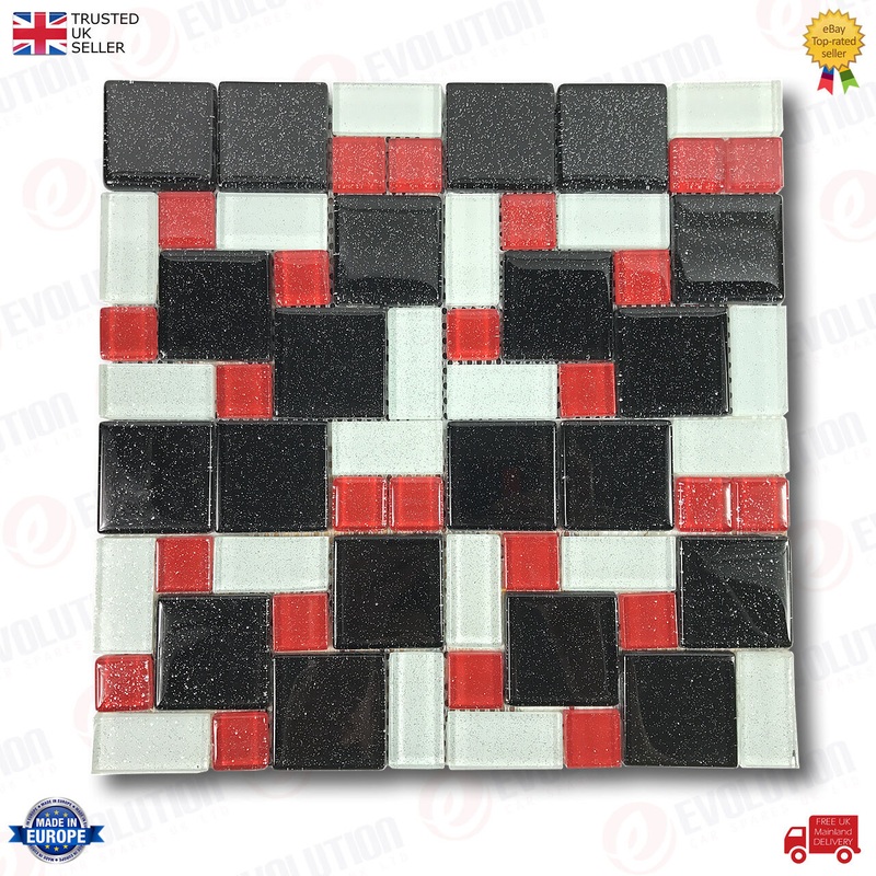 30X30 Cm Glass Mosaic Wall Tile Sheet Black & Red With Glitter Details