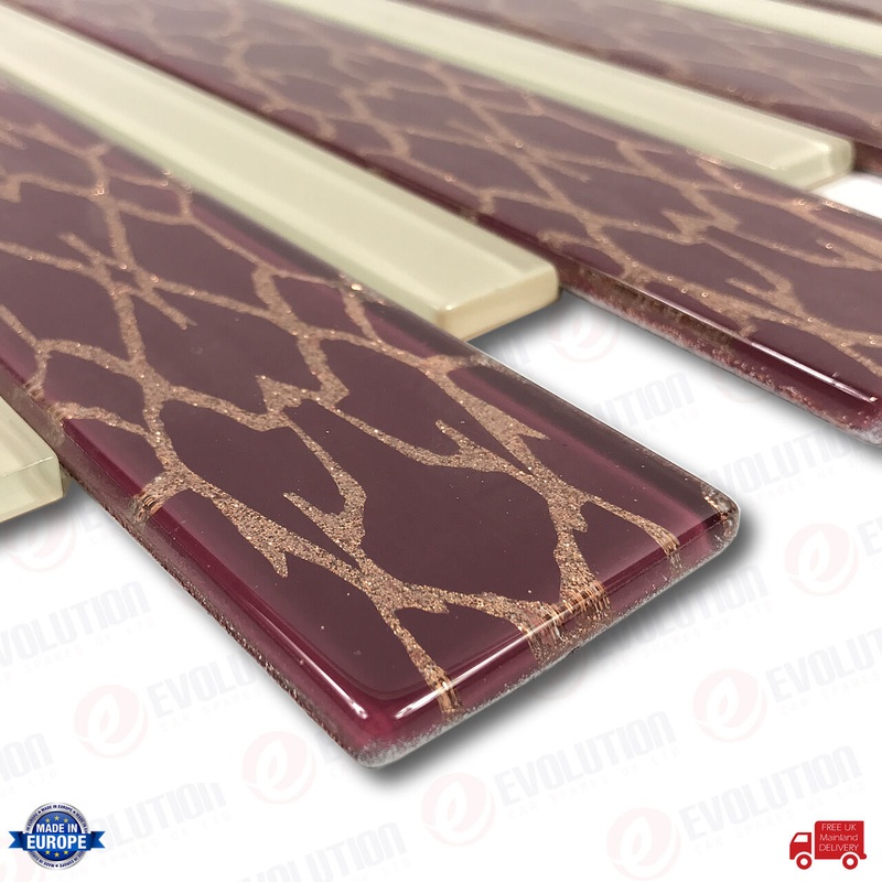 30X30 Cm Interlocking Glass Wall Tile Beige & Maroon With Bronze Details