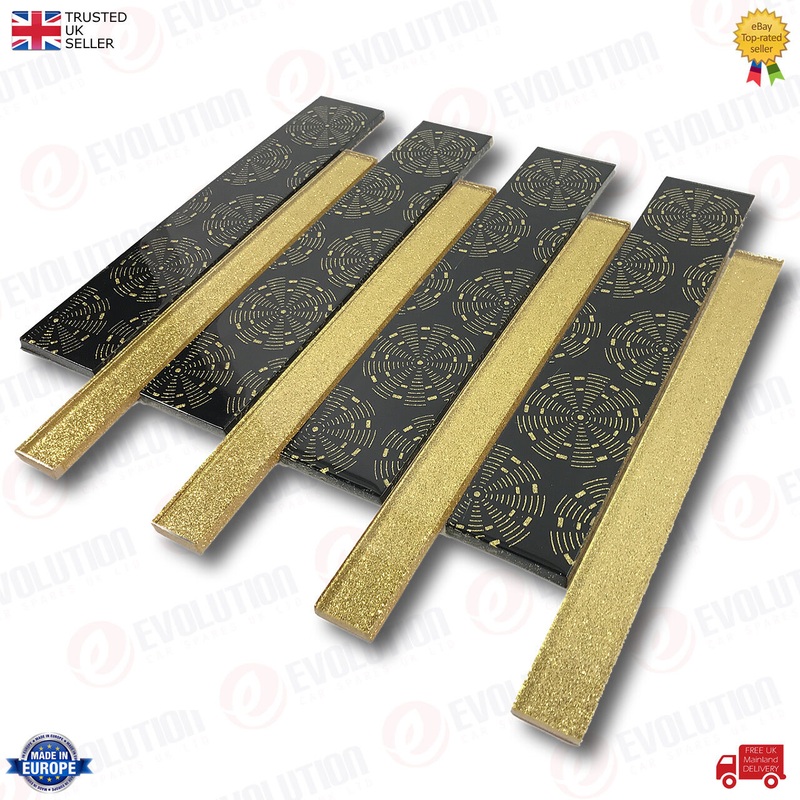 30X30 Cm Interlocking Glass Wall Tile Printed Black With Gold Glitter Details